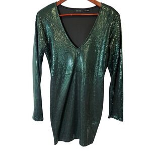 Mind Code Emerald Green Sequin V-Neck‎ Long Sleeve Mini Dress Q461 Womens Large